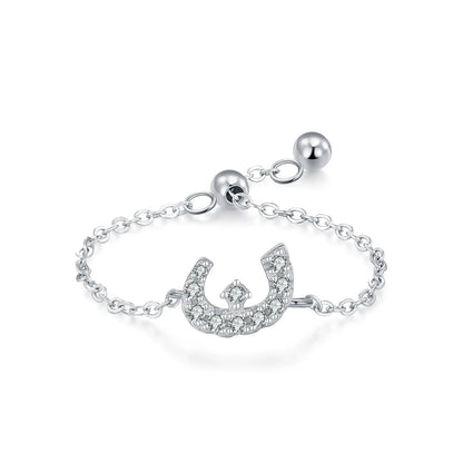 Adjustable silver pavé Arabic letter ring with CZ stones, chain band and clasp