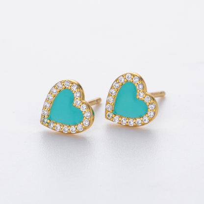 Gold-tone heart-shaped stud earrings with turquoise enamel and clear stone halo.