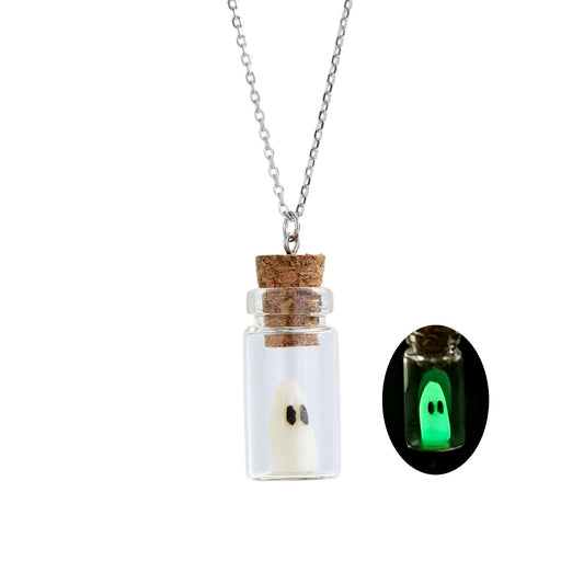 Halloween Glow-in-the-Dark Necklace - S925 Sterling Silver Ghost Pendant Bottle Jewelry