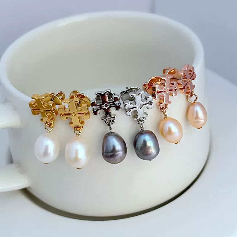 Pearl drop stud earrings in gold, silver, and rose tones with ornate square tops