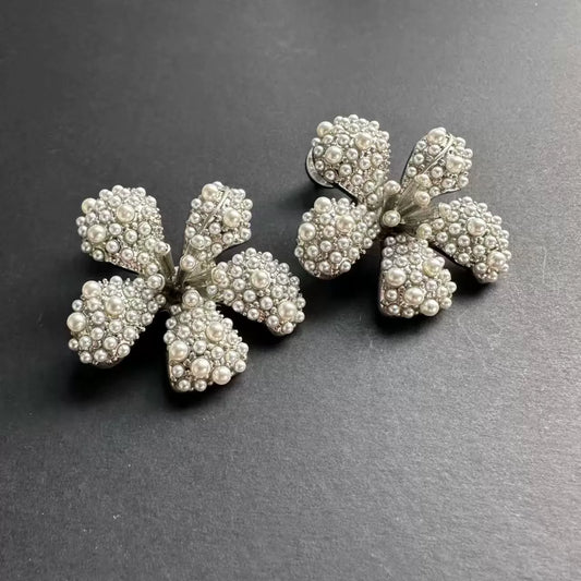 Pearl flower earrings with clustered white pearls, silver-tone back posts