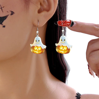S925 Sterling Silver Halloween Earrings with Ghost, Pumpkin, Skeleton Acrylic Pendants