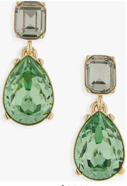 Teardrop-cut diamond stud earrings with green teardrop stone and smoky square stud, gold-tone