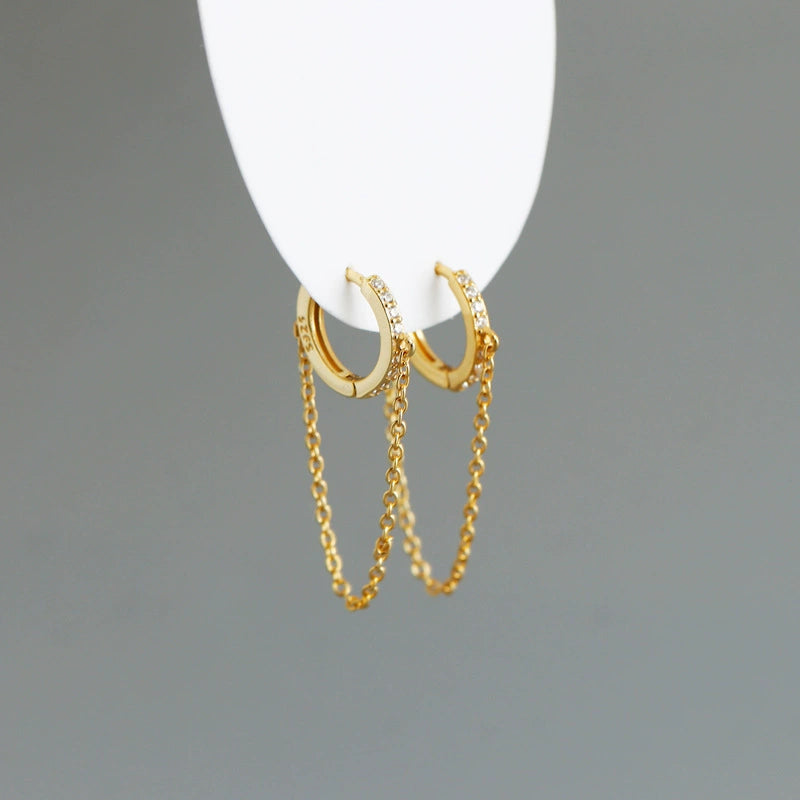 S925 Silver CZ Huggie Hoop Earrings with Chain | JIMMY JEWELRY
