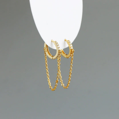 S925 Silver CZ Huggie Hoop Earrings with Chain | JIMMY JEWELRY