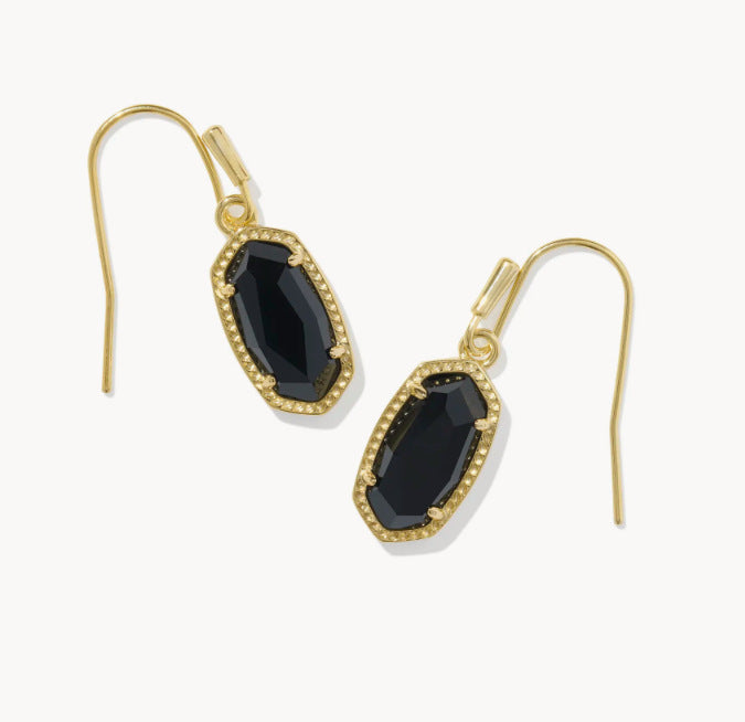 Gold-tone oval crystal drop earrings with hook backs and black faceted stones
