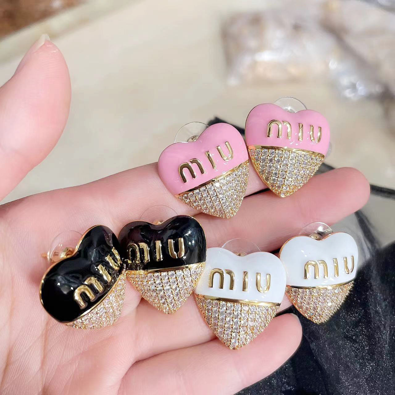 Miu Miu Sweet Enamel Diamond Heart Stud Earrings White Pink Black