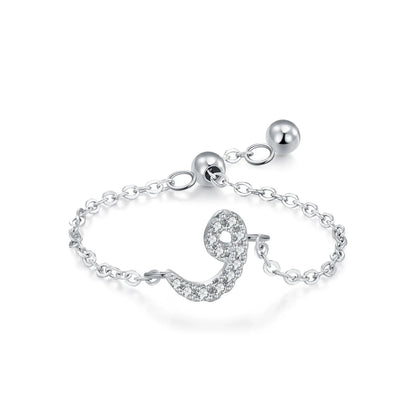 Silver Arabic letter pavé chain ring with pavé CZ letter charm and silver link band
