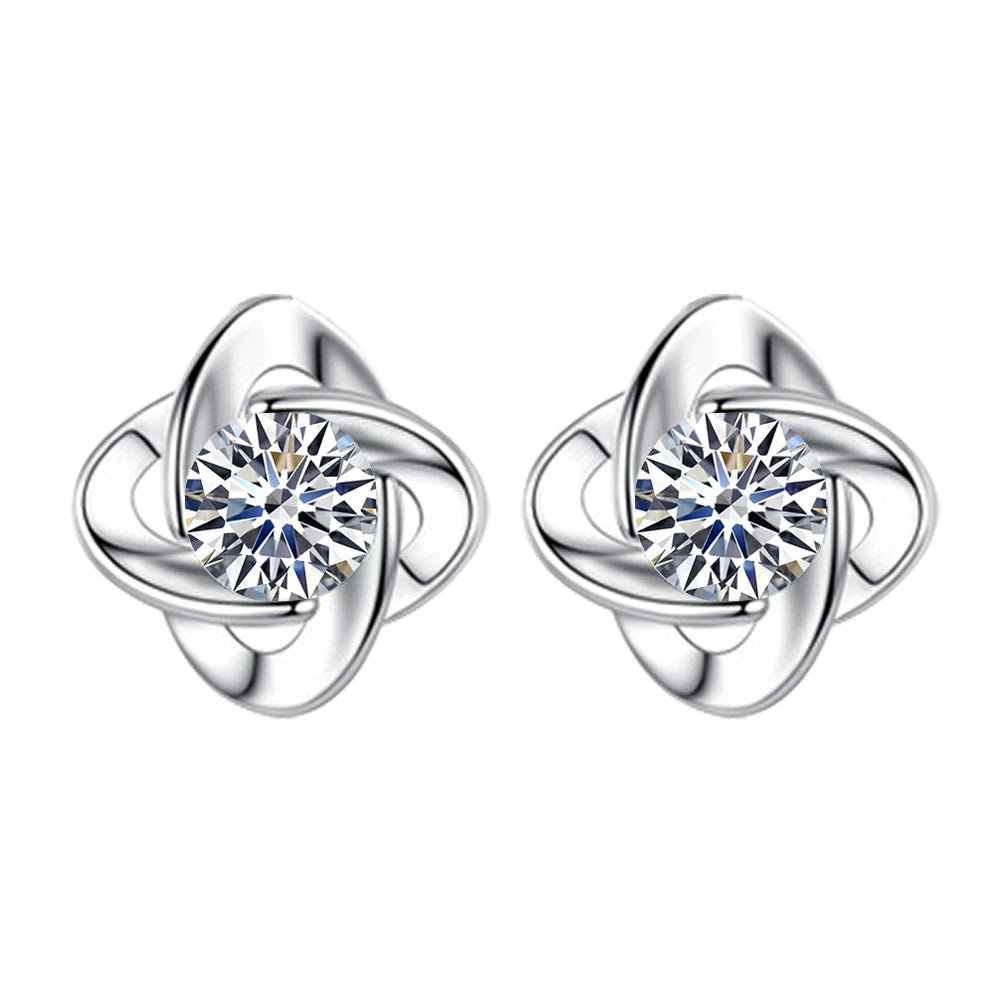 S999 Sterling Silver Lucky Four-Leaf Clover Flower Earrings