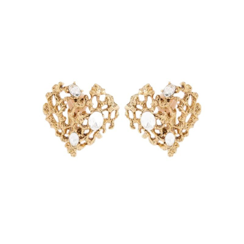 Gold-tone openwork heart stud earrings with round crystal stones