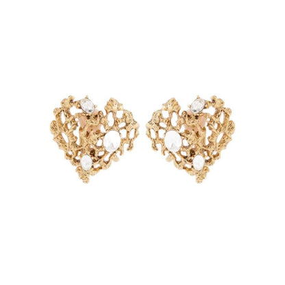 Gold-tone openwork heart stud earrings with round crystal stones