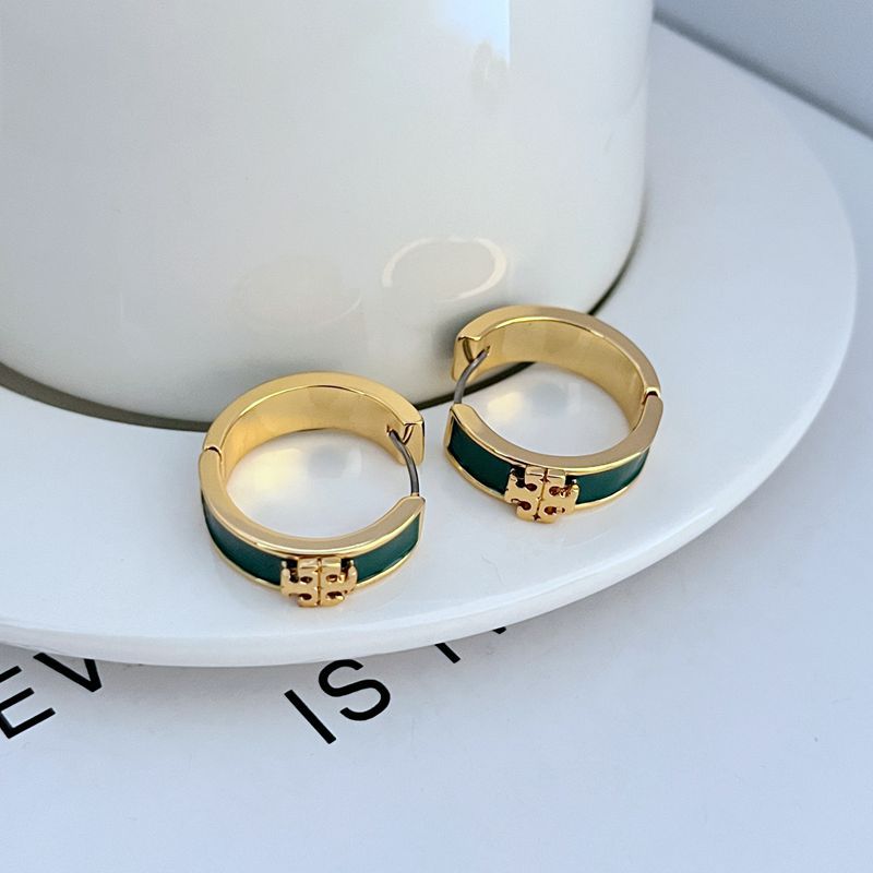 Gold-tone round hoop earrings with dark green enamel band and decorative front detail
