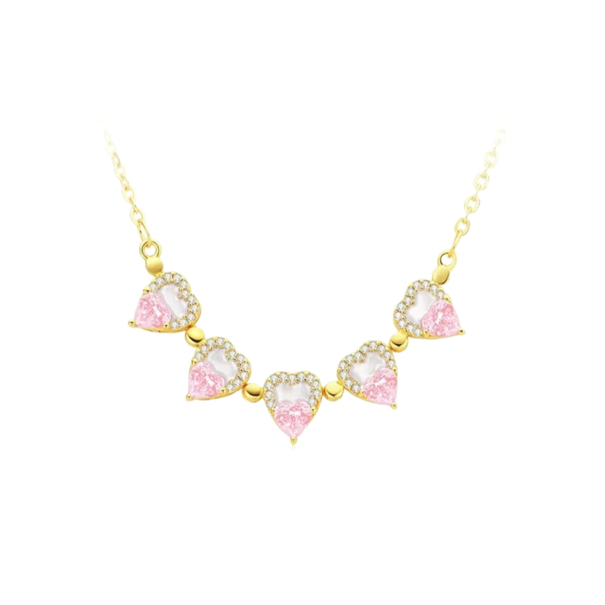Gold-tone necklace with heart-shaped pink stones spaced along the chain