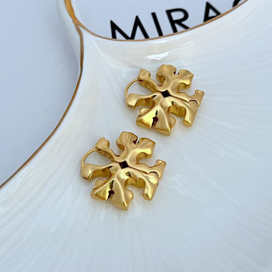 Gold-tone 3D logo metal drop earrings with curved hoop backing