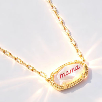 Gold letter “mama” oval pendant necklace with chunky link chain and scalloped border
