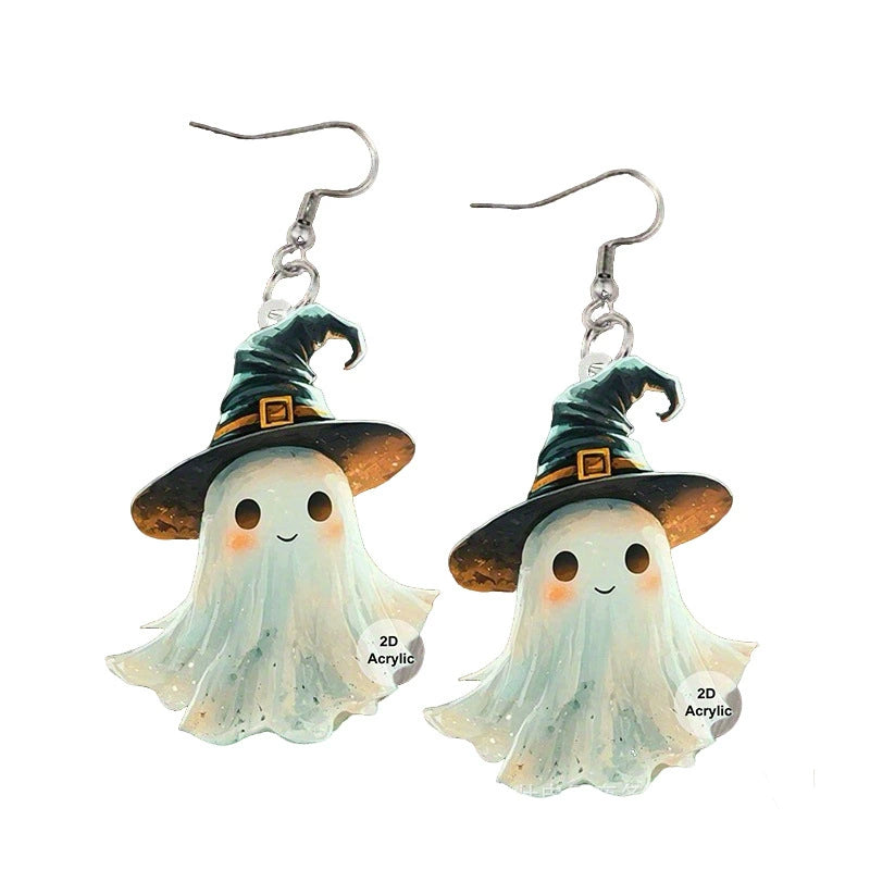 S925 Sterling Silver Halloween Earrings with Ghost, Pumpkin, Skeleton Acrylic Pendants