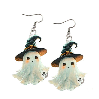 S925 Sterling Silver Halloween Earrings with Ghost, Pumpkin, Skeleton Acrylic Pendants