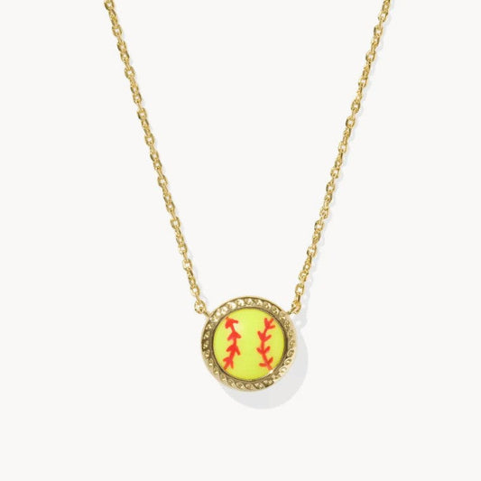 Gold-tone sports pendant necklace with yellow softball charm and red icons