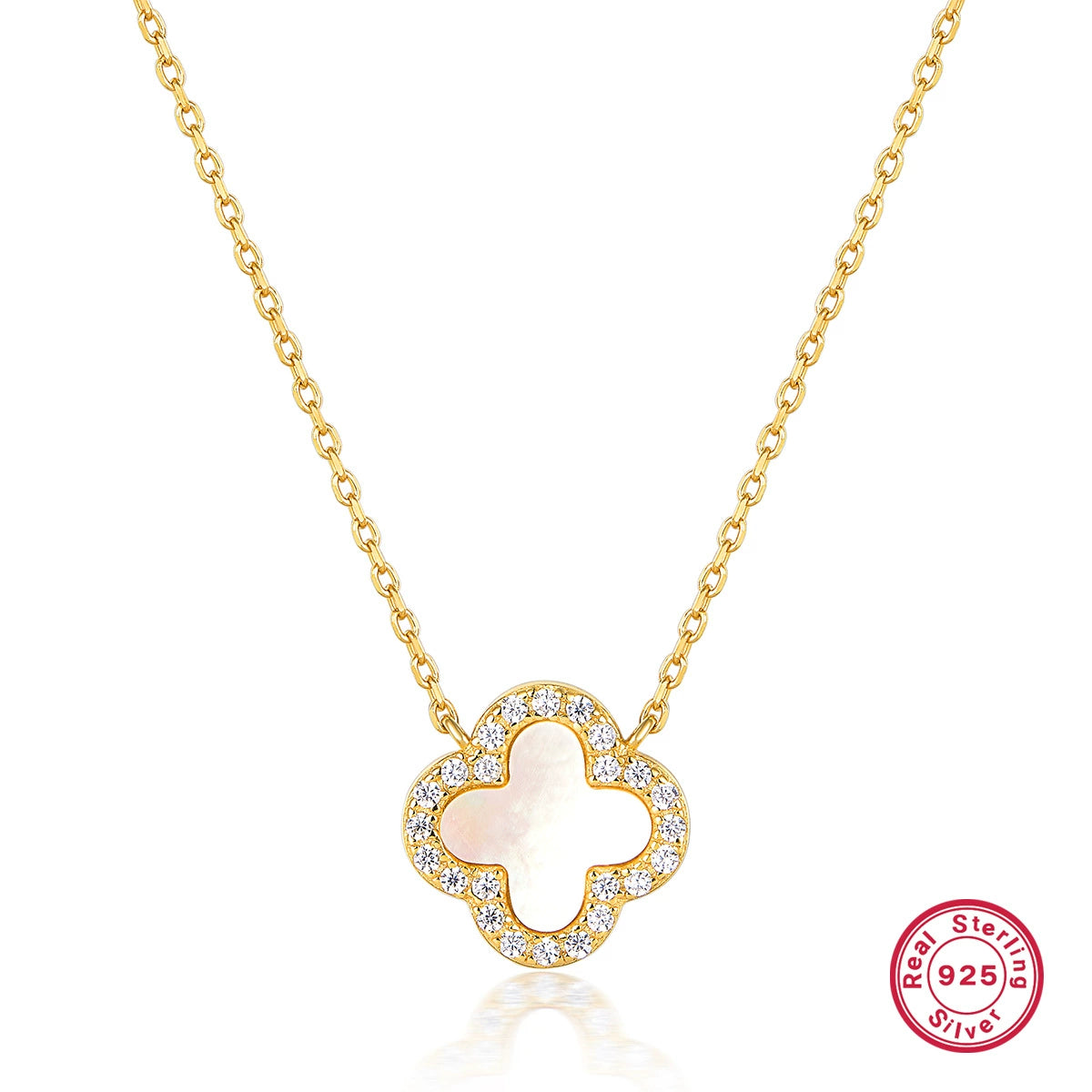 Gold clover necklace with mother-of-pearl center and sparkling crystal border pendant