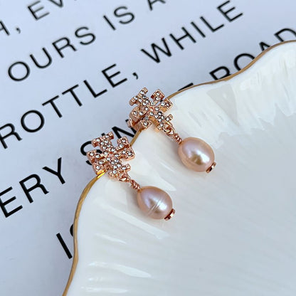 Tory Burch Rhinestone Natural Pearl Pendant Earrings
