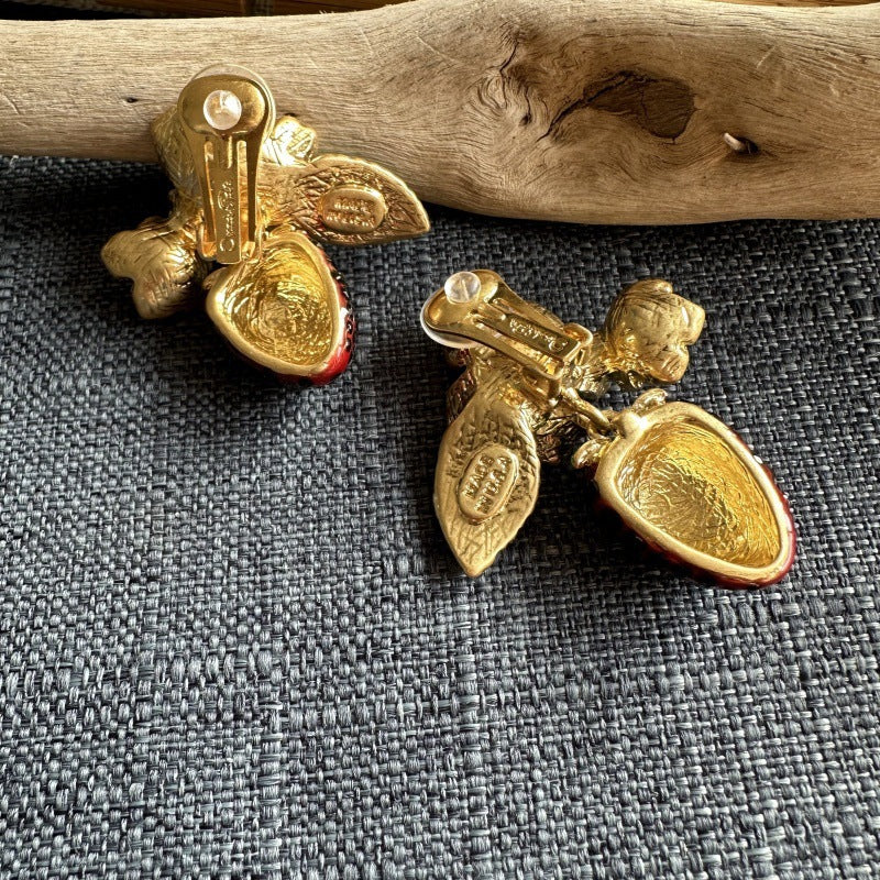 Oscar de la Renta Enamel Flower & Strawberry Pendant Earrings