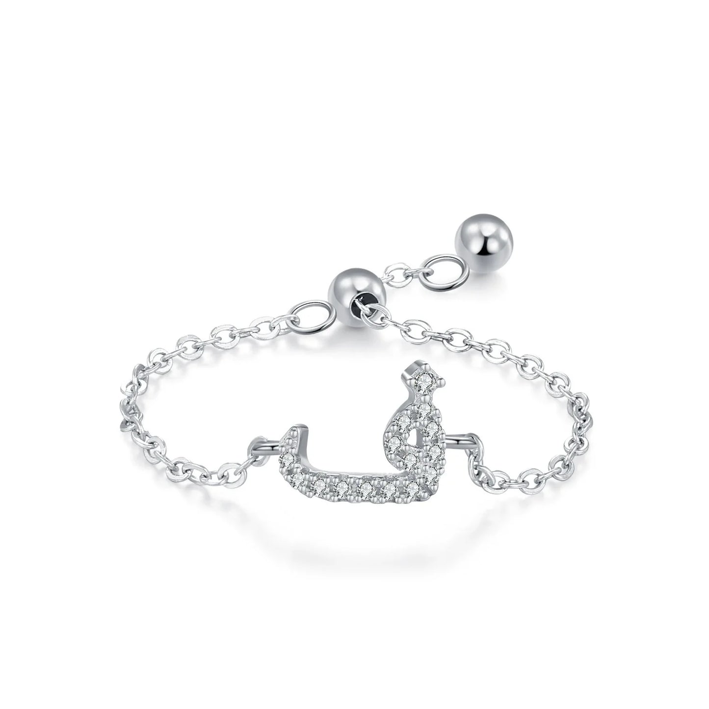 Adjustable silver pavé Arabic letter ring with CZ stones, letter detail on chain band