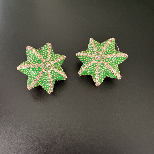 Star cactus stud earrings in green with clear rhinestone and gold trim