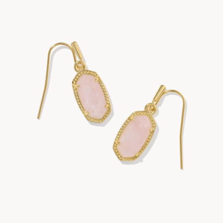 Gold-tone oval crystal drop earrings with hook backs and pink cabochon-style stones