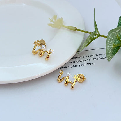 Tory Burch Sweet and Cute Pearl Logo M-Shaped Metal Stud Earrings