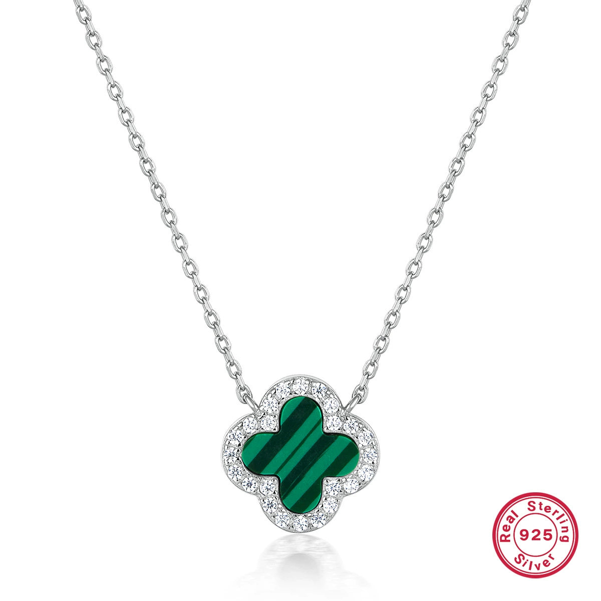White gold four-leaf clover pendant necklace with green malachite center and crystal halo