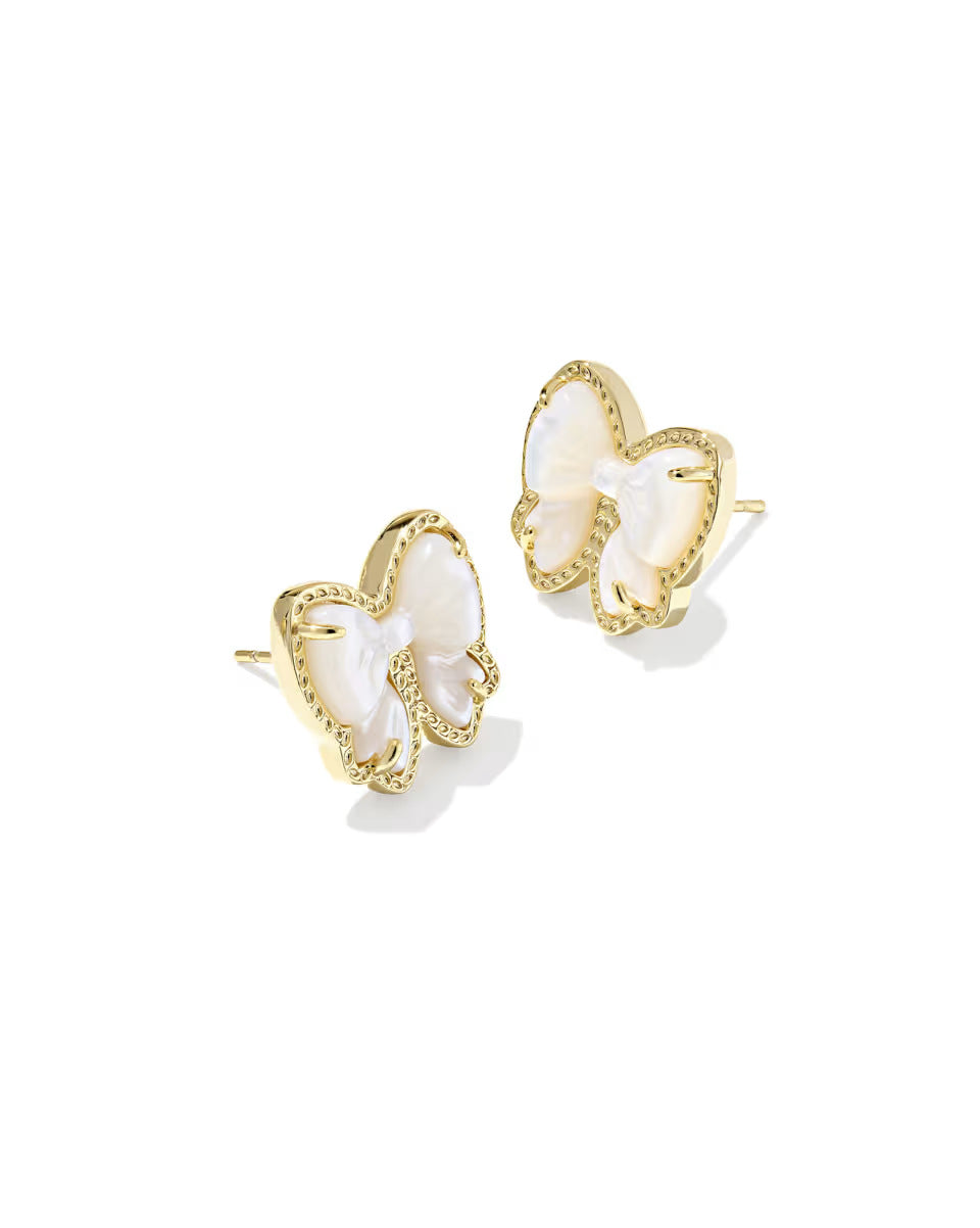 Ivory white bow stud earrings with gold-tone bezel and small clear accents