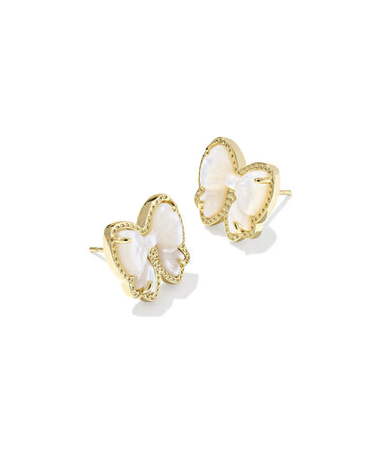 Ivory white bow stud earrings with gold-tone bezel and small clear accents
