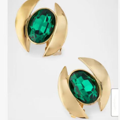 Oval crystal stud earrings with emerald green gem and gold-tone crescent setting