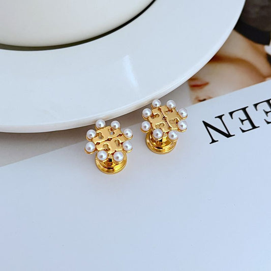 Gold-tone pearl openwork metal stud earrings with clustered faux pearls