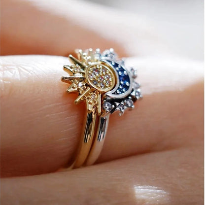 S925 Sterling Silver Celestial Sun and Moon Pandora Ring Set