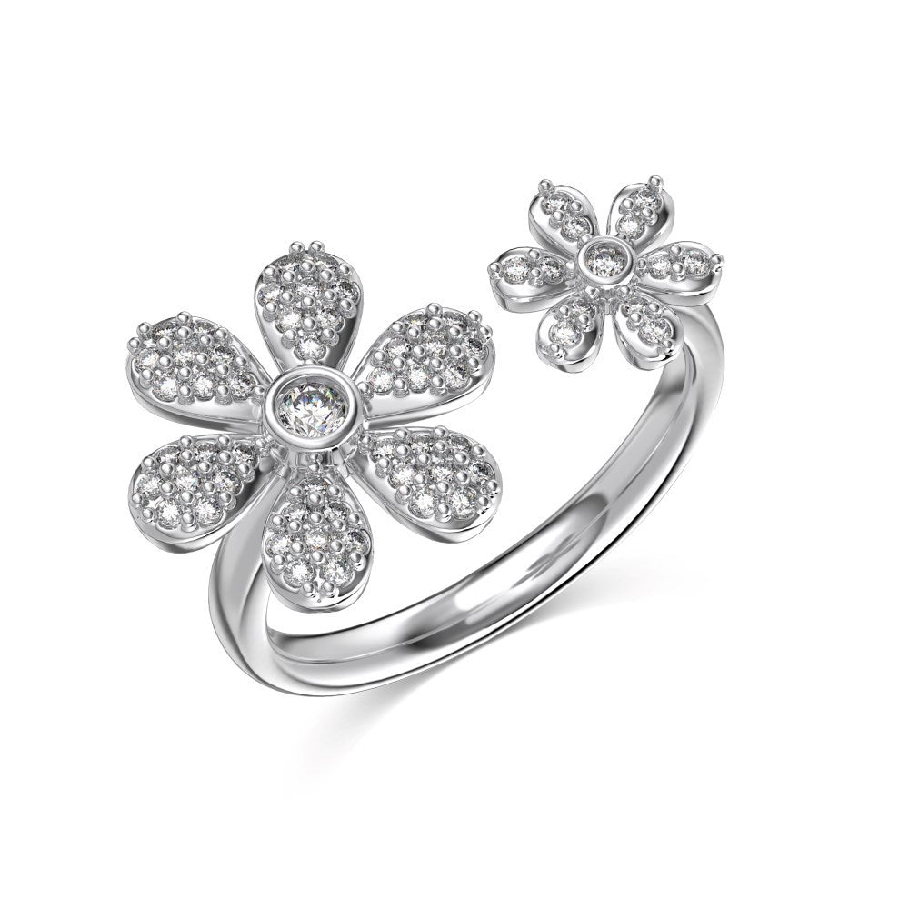 Zirconia Double Flowers Open Adjustable Ring