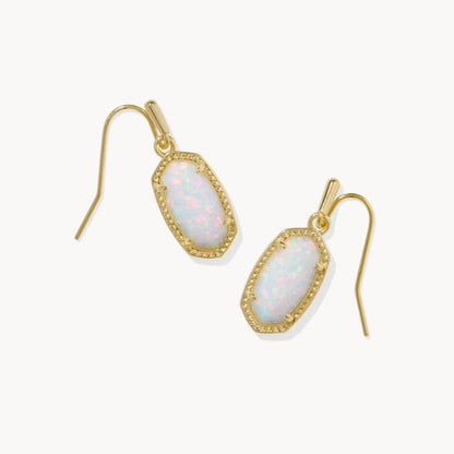 Gold-tone oval crystal drop earrings with hook backs and opal iridescent stones