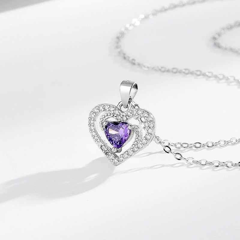 s925 sterling silver heart-shaped purple diamond necklace pendant women