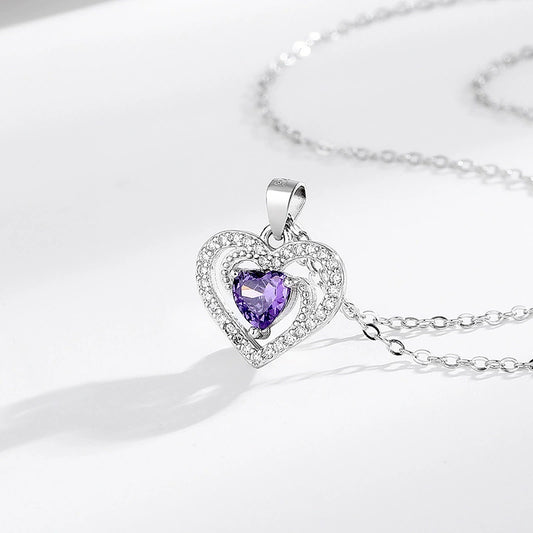 s925 sterling silver heart-shaped purple diamond necklace pendant women