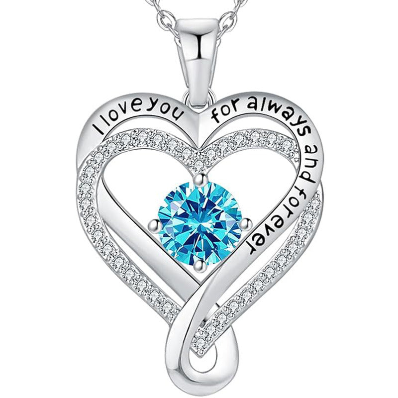 Silver double-layer heart pendant necklace with blue round birthstone and clear pavé edges