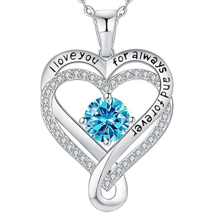 Silver double-layer heart pendant necklace with blue round birthstone and clear pavé edges
