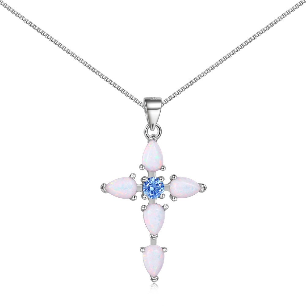 Blue Fire Opal Cross Pendant For Women