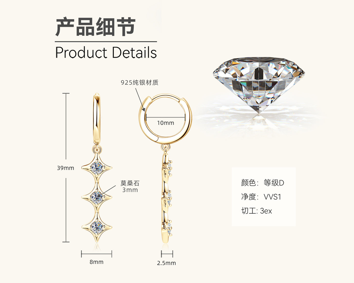 Three-Stone Moissanite Drop Earrings