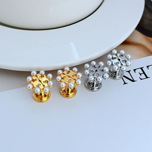 Pearl openwork metal stud earrings, gold-tone and silver-tone clusters