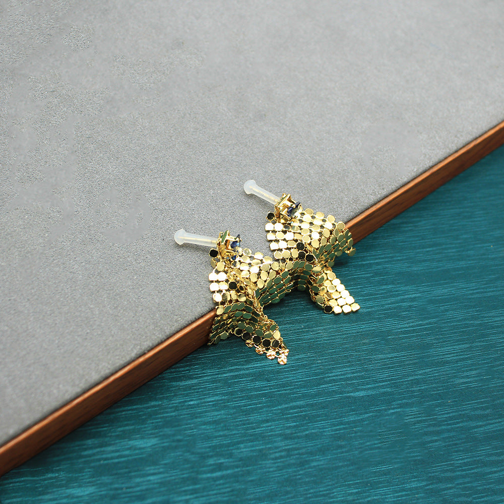 Gold sequin dangling earrings pair with fan design and stud posts