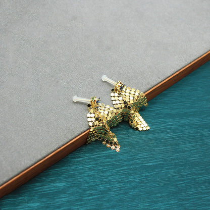 Gold sequin dangling earrings pair with fan design and stud posts