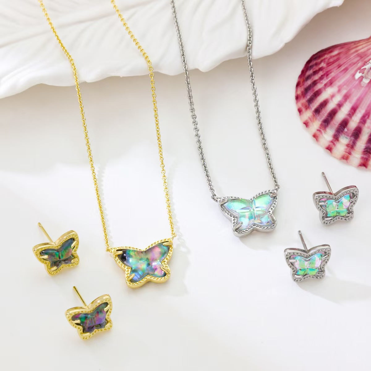 Butterfly necklace and stud earring set, iridescent AB stones, gold and silver