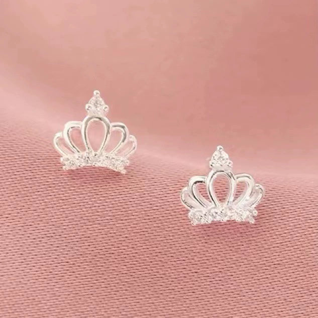 S999 sterling silver diamonds crown stud earrings