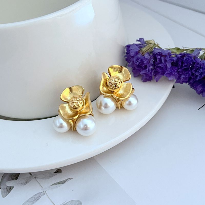 Tory Burch Pearl Flower Design Women's Metal Stud Earrings