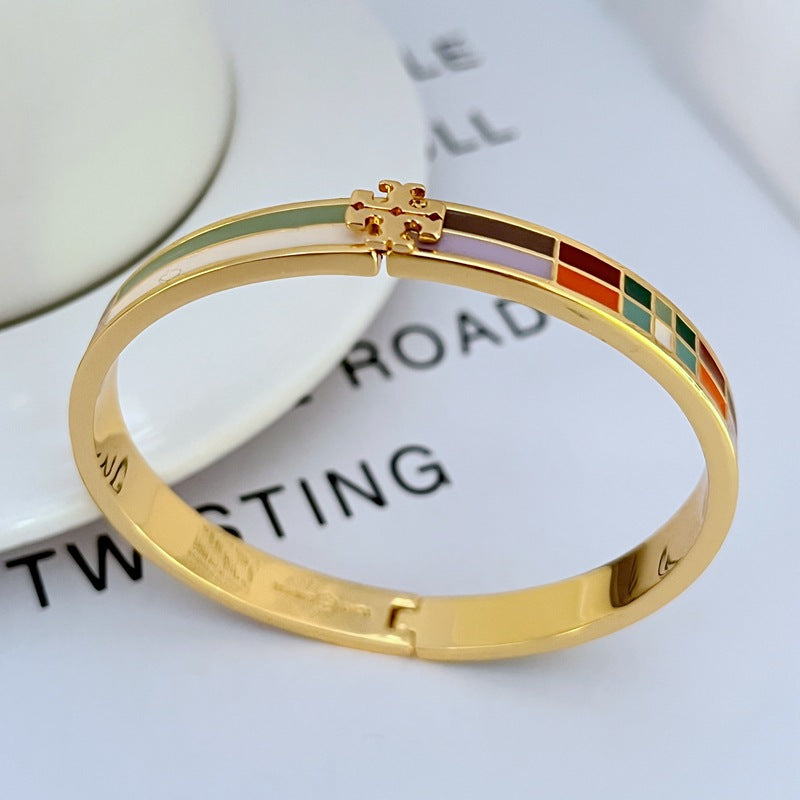 Tory Burch Elegant Colored Enamel Plaid Women's Metal Bangle